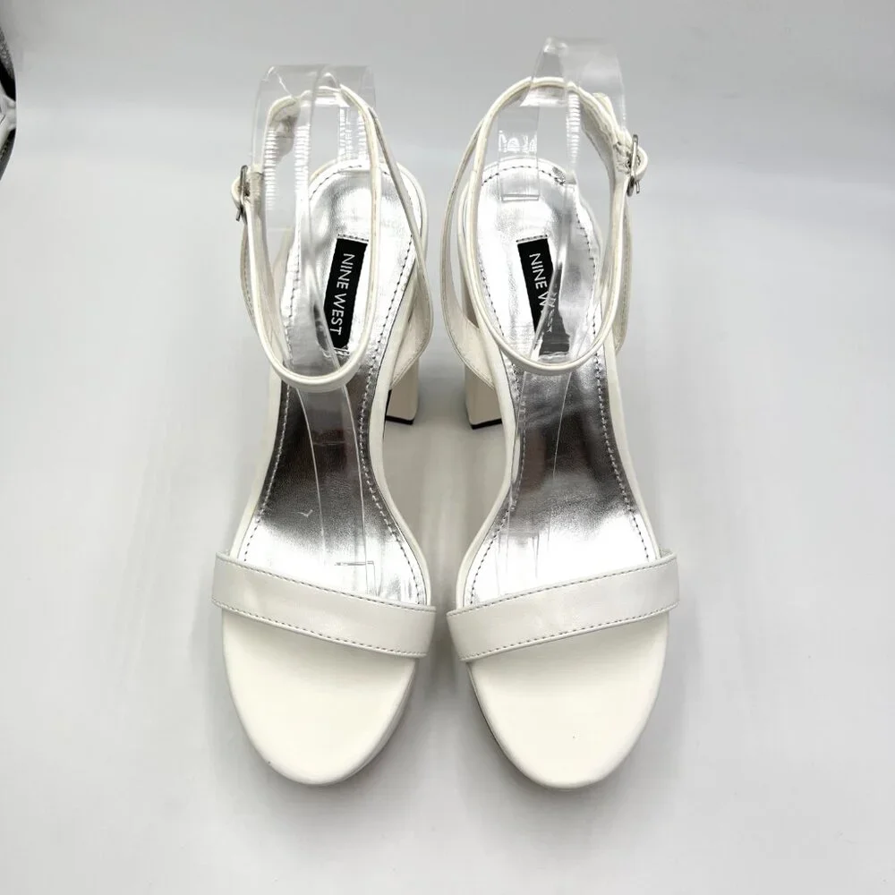 Nine West‎ Size 8.5 Uknow White Faux Vegan Leather Platform Sandals Heels Shoes